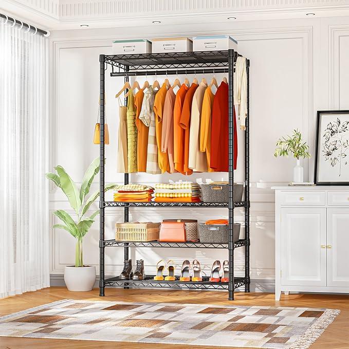 Ulif H4 Portable Closets, 4-Tier Metal Clothes Garment Rack for Bedroom and Cloakroom, Clothing Closet Storage and Organizer Wardrobe, 35.4" W x 14" D x 76.4" H, Black