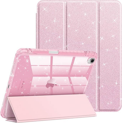 Fintie Slim Case with Pencil Holder for iPad Air 11-inch M4/M3/M2 (2026/2025/2024), iPad Air 5th (2022) / 4th Generation 10.9 Inch - Glittering Sparkly Cover with Shiny Clear Back Shell, Light Pink