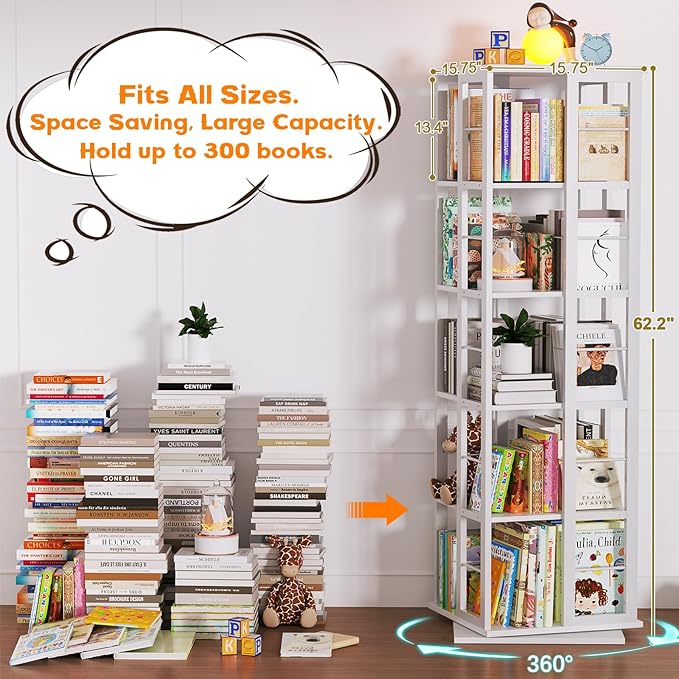 Aheaplus Rotating Bookshelf, Corner Bookcase, 360 Display Wood Spinning Bookshelves, Floor Standing Bookcases Narrow Shelf, 5 Tiers, White