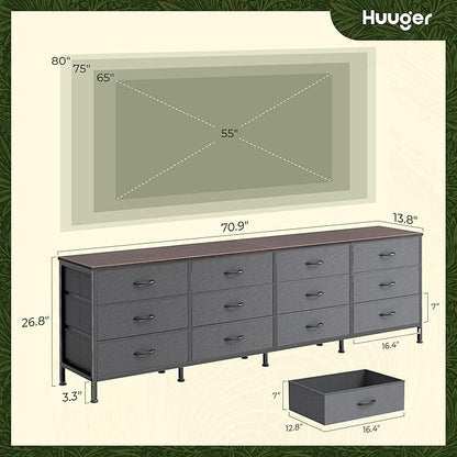 Huuger 70 Inch Dresser for Bedroom, TV Stand for 65, 75, 80 Inch TV, 12 Drawer Long Dresser, Large Storage Organizer Unit, Wide Chest of Drawer with Storage, Fabric Drawer for Living Room, Dark Grey