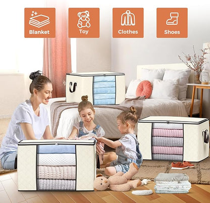 90 L Large Storage Bags, 6 Pack Clothes Storage Bins Foldable Closet Organizers Storage Containers with Reinforced Handle for Clothing, Blanket, Comforters, Bed Sheets, Pillows and Toys (Beige)