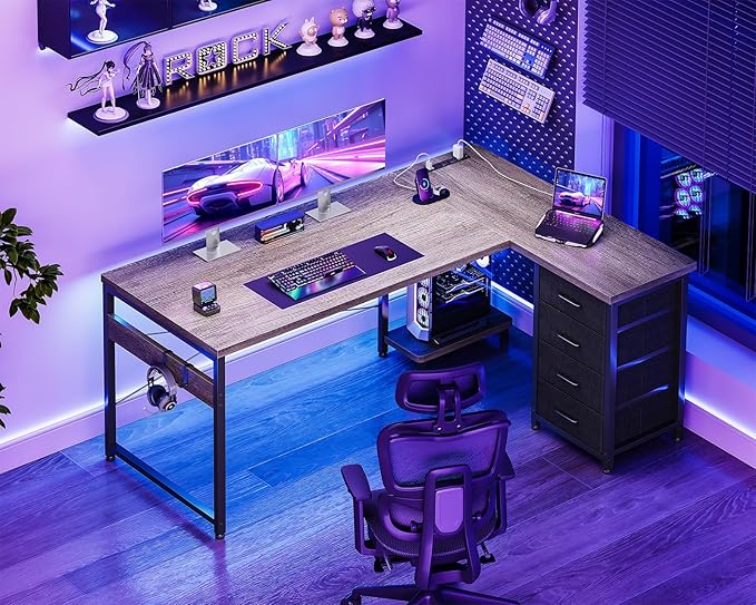 AODK L Shaped Desk with 4 Tier Drawers, 53" Reversible Gaming Desk with Power Outlets, L Shaped Computer Desk with USB Charging Port and Host Stand, Home Office Corner Desk, Easy to Assemble, Grey Oak