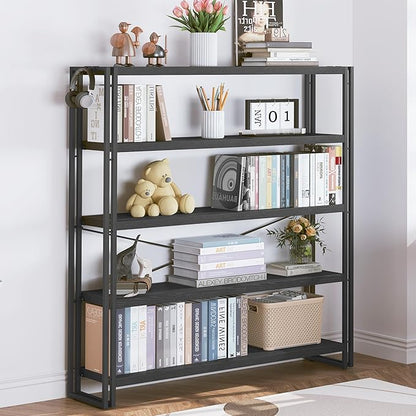 HCHQHS Bookshelf, 5-Tier Industrial Bookcase, Black Open Book Shelf, Freestanding Tall Bookshelves with Metal Frame