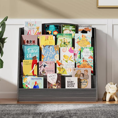 TOETOL 5-Tier Kids Bookshelf - Toddler Book Display Shelves for Classrooms, Playrooms, and Nursery - Wooden Children Book Rack (Gray Wash)