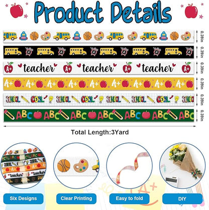 Threetols 6 Rolls 18 Yards Back to School Ribbons, 3/8" School Day Grosgrain Black Green Yellow White Apple Pencil ABC Bus Gift Wrapping Ribbon for Teacher Kindergarten Party Supply