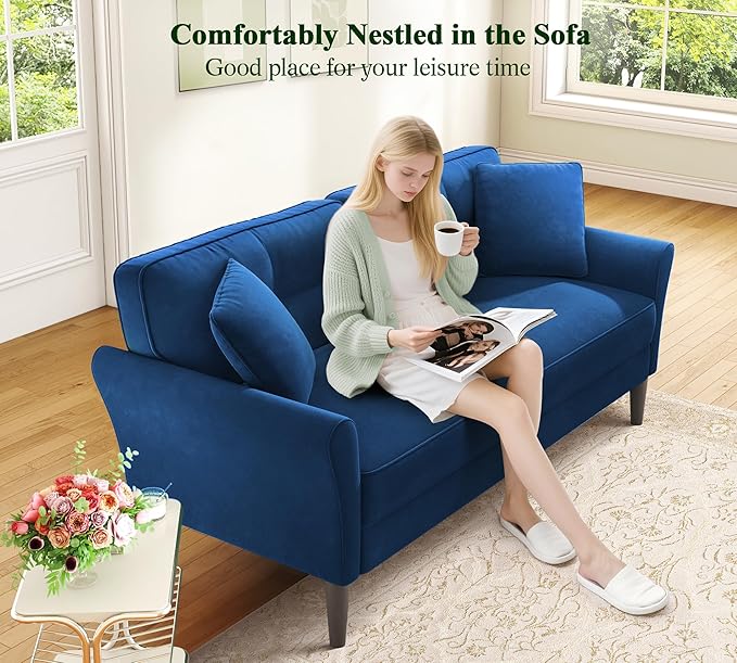 69" Loveseat Sofa, Velvet Small Couches for Small Spaces, Love Seat Couches with 2 Pillows, Tool-Free Setup Loveseats, 700lb Load Sofas for Living Room, Mini Couch for Bedroom, Comfy Sofa Couch, Blue