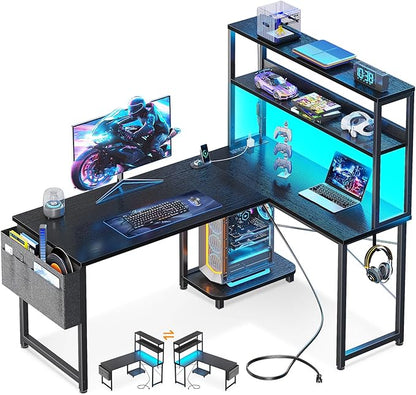Casaottima Gaming Desk with Power Outlets & LED Lights, 43 Inch Reversible L Shaped Computer Desk with Shelves & Storage Bag, Corner Desk for Home Office, Black