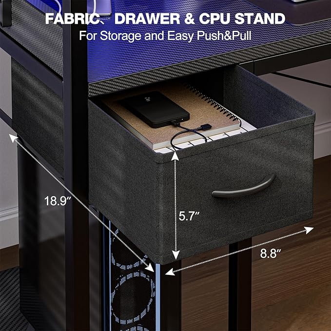 Gaming Desk 40 Inch with Power Outlet and LED Light, Computer Desk with Reversible Shelves and Storage Drawer, Pc Small Desk for Home Office Table with Bag, Carbon Fiber Black