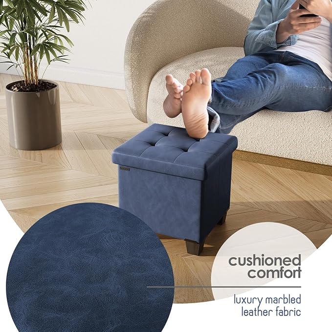 STORAGEBUD Storage Ottoman Cube with Small Bin, 16-in Square Ottoman with Storage for Living Room and Bedroom, Small Ottomans Foot Rest, Faux Leather Foot Stools Ottomans Max 330lbs, Blue