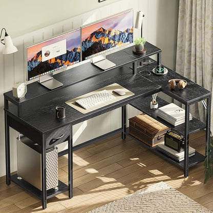 SUPERJARE 53 inch Reversible L Shaped Desk with LED Lights & Power Outlets, Computer Desk with Shelves & Monitor Stand, Gaming Desk with Drawer, Home Office Desk Corner Desk, Black