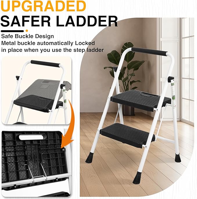 2 Step Ladder, Portable Steel Folding Step Stool with Wide Anti-Slip Pedal & Convenient Handgrip, 500lbs Sturdy Steel Ladder, White