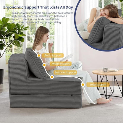 Folding Sofa Bed, Convertible Sleeper Chair with Pillow,Corduroy Comfy Floor Futon for Living Room Bedroom,Modern Accent Reading Chair,No Assembly Required,Grey