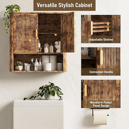 Bathroom Wall Cabinet, Wall-Mounted Medicine Cabinet with Adjustable Wood Shelf & Doors, Floating Bathroom Cabinet Over Toilet for Laundry Room & Kitchen & Living Room (Retro)