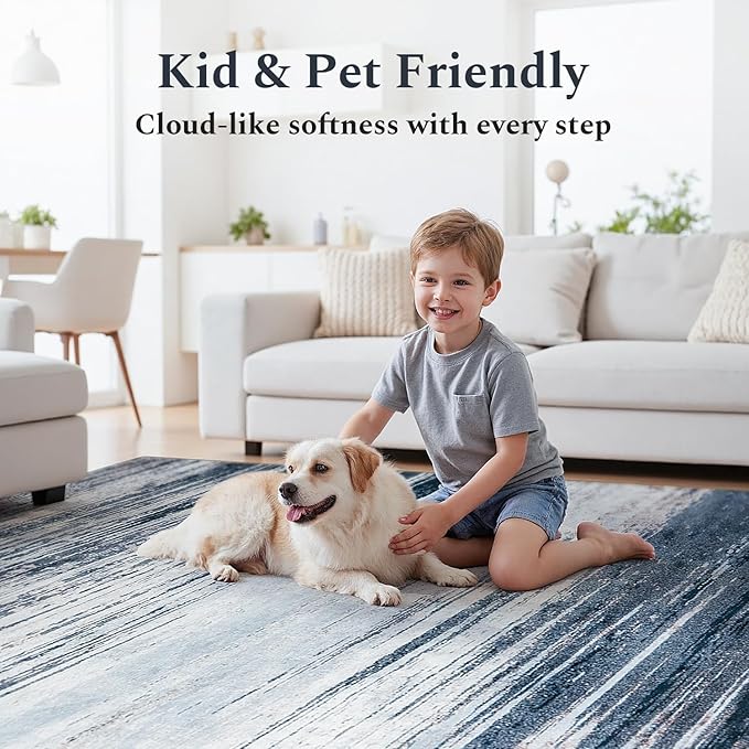 Rugflix 8x10 Large Area Rug for Living Room, Washable Low Pile Carpet Non Slip, Soft Stain Resistant Blue Grey Indoor Rug for Bedroom, Dining Room, Home Office