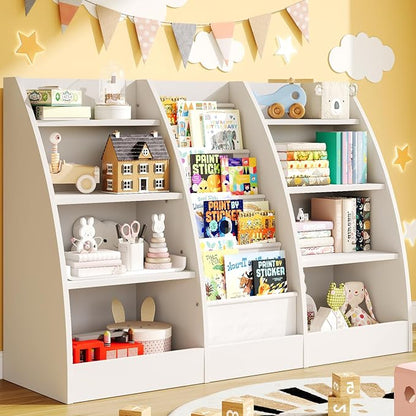 4 Tier Kids Bookshelf, 4 Layer Sling Kids Book Shelf for Kids Rooms, XXL Wood Children Bookcase,Baby Storage Book Rack,Toddler Bookshelf, Book and Toy Organizer,Book Display Shelf for Bedroom, Nursery