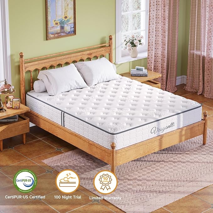 Vesgantti Queen Size Mattress, 10 Inch Innerspring Multilayer Hybrid Mattress, Ergonomic Design with Breathable Foam and Pocket Spring, Tight Top Series Medium Firm Feel