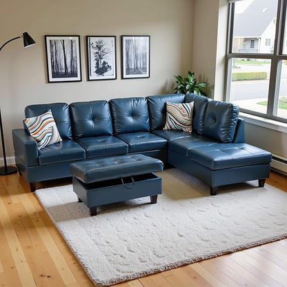 Osparple Sectional Couch PU Leather L Shaped Couch 3 Pieces Modular Sectional Sofa with Storage Ottoman for Living Room and Small Apartment, Peacock Blue