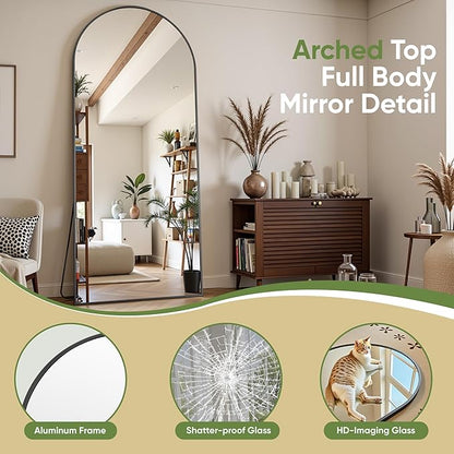 Full Length Mirror, 64"x21" Arched Full Body Mirror, Floor Mirrors with Stand, Standing Hanging Leaning Against Wall,Aluminum Frame Mirrors for Bedroom Cloakroom,Living Room,Black