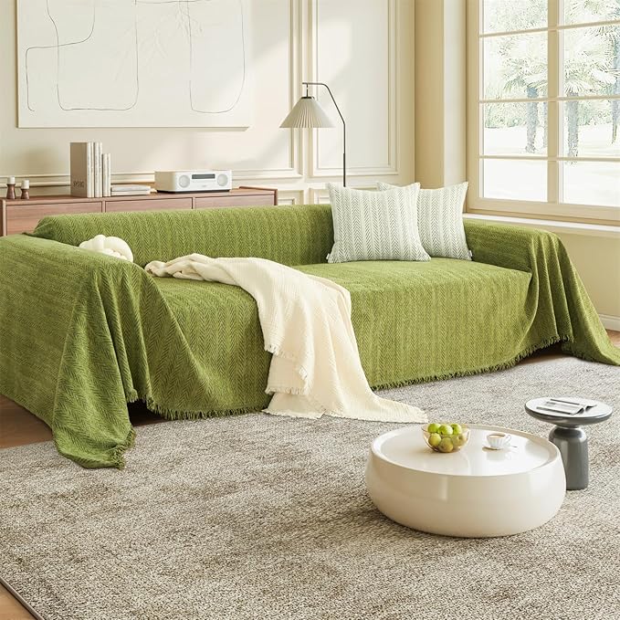 Nobildonna Sofa Cover Washable Soft Thicken Chenille Couch Cover with Tassel,Waterproof Sofa Slipcovers for 2 Cushion Couch,Loveseat,Futon Couch Furniture Protector Pet-Friendly,Yellow Green 71"x102"