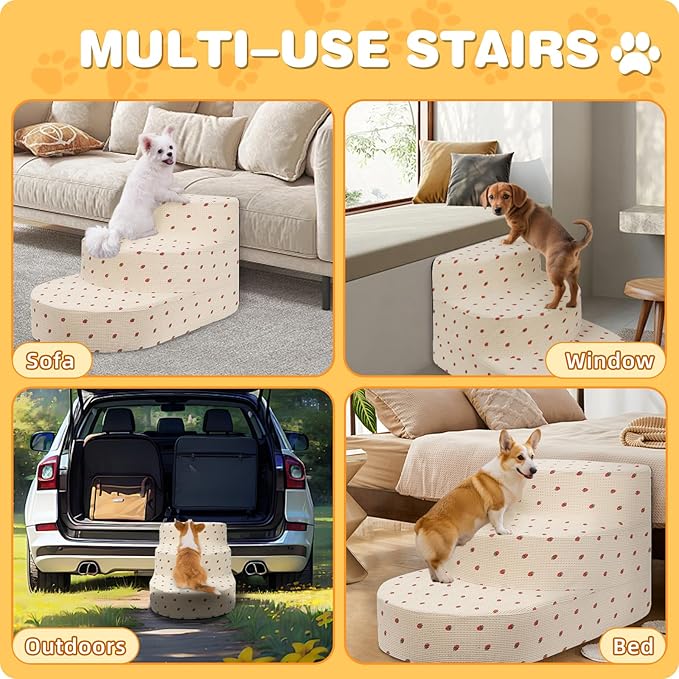 Dog Stairs for Small Dogs, Foam Steps for Small Dogs & Cats, 3 Steps Dog Ramp for High Beds, Couch, Window, Sofa, Pet Stairs with Removable Washable Cover, Non-Slip Sturdy Pet Steps, Strawberry