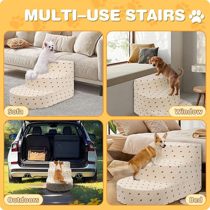 Dog Stairs for Small Dogs, Foam Steps for Small Dogs & Cats, 3 Steps Dog Ramp for High Beds, Couch, Window, Sofa, Pet Stairs with Removable Washable Cover, Non-Slip Sturdy Pet Steps, Strawberry
