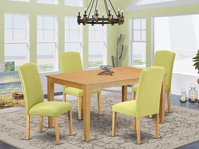 East West Furniture CAEN5-OAK-07 5 Piece Modern Dining Table Set Includes a Rectangle Wooden Table and 4 Limelight Linen Fabric Upholstered Parson Chairs, 36x60 Inch, Oak