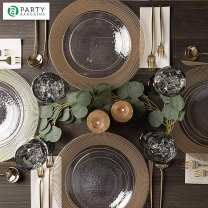 PARTY BARGAINS 13-Inch Charger Plates - 16 Pack, Clear Gold Textured Rim, Heavy-Duty Disposable Chargers for Elegant Dining - Ideal for Weddings and Formal Events
