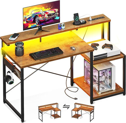 AODK Computer Desk, 48 Inch Gaming Desk with Led Lights & Power Outlet, Office Desk with Storage Shelves, Reversible Desk with Monitor Shelf & Headphone Hook, Rustic Brown