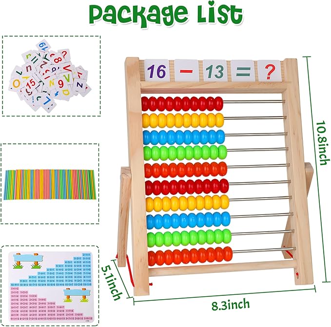 Wooden Abacus for Kids Math, Educational Counting Toy with Counting Sticks and Number Alphabet Cards, Preschool Learning Toys Gift for Boys Girls Age 3+ Years Old