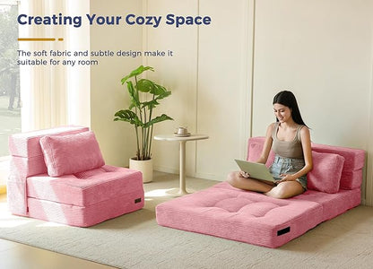 MAXYOYO Convertible Sofa Bed, Fold Out Loveseat Sleeper Sofa with Pillow, 4 in 1 Tufted Folding Couch Bed Foam Floor Couch, Lazy Chair for Living Room Bedroom Guest Room, Pink