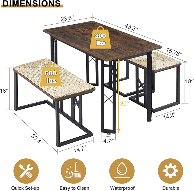 VECELO 43.3" Dining Table Sets, Farmhouse Small Kitchen Table for 4 with 3 Benches Wicker Mats,Metal Frame Space-Saving Adjustable Feets Coffee Table for Home Kitchen Dining, Dark Brown