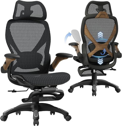 ELABEST X100 Ergonomic Office Chair with Footrest, Big and Tall Home Desk Chair with 5D Flip-Up Arms, Adjustable 3D Lumbar Support,High Back Rolling Computer Chair, Swivel Mesh Chairs (Library Oak)
