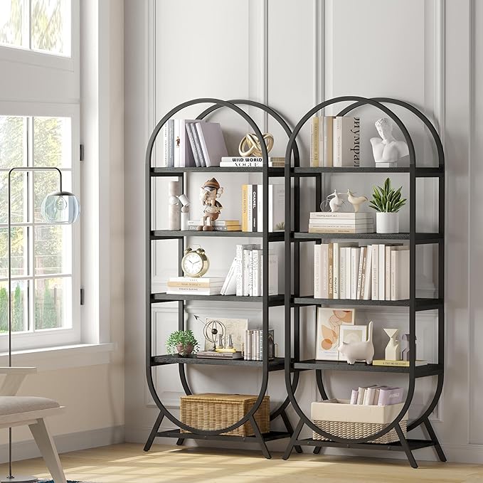 Bookshelf Arched Bookcase Set 2, 5 Tier Open Freestanding Display Shelf for Home Office, Living Room, Black