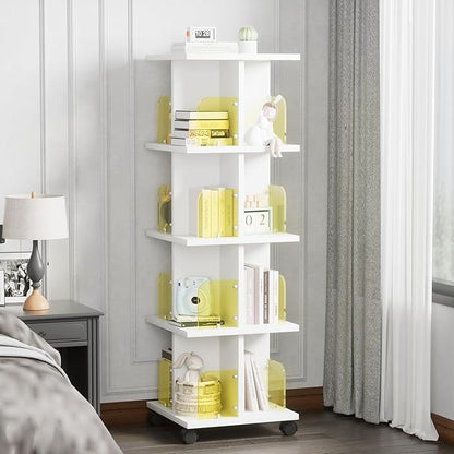 VECELO Rotating Bookshelf with Brake Wheels, 360°Display 4 Tier Floor Stackable Spinning-Bookshelf Tower for Kids&Adults, Revolving Bookcase for Small Space,Corner(White)