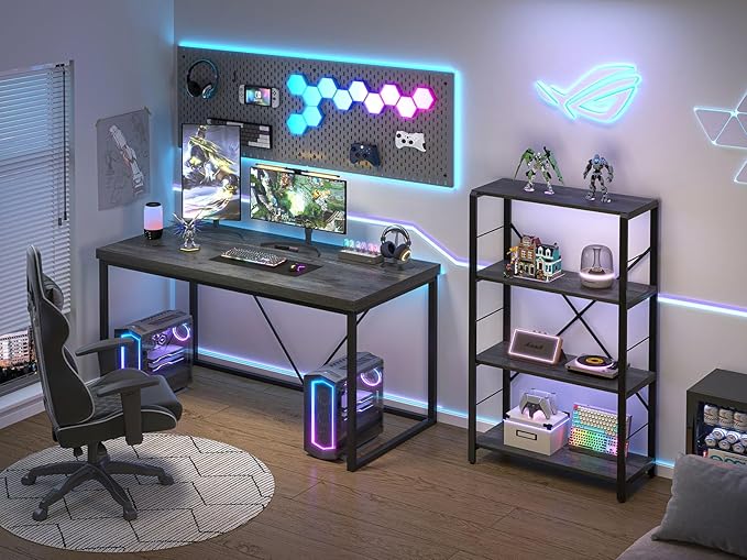 EXCEFUR Modern Home Office Desk, Wood and Metal Computer Desk, Industrial Writing Study Gaming Table for Living Room Bedroom, Rustic Grey, 53 inch