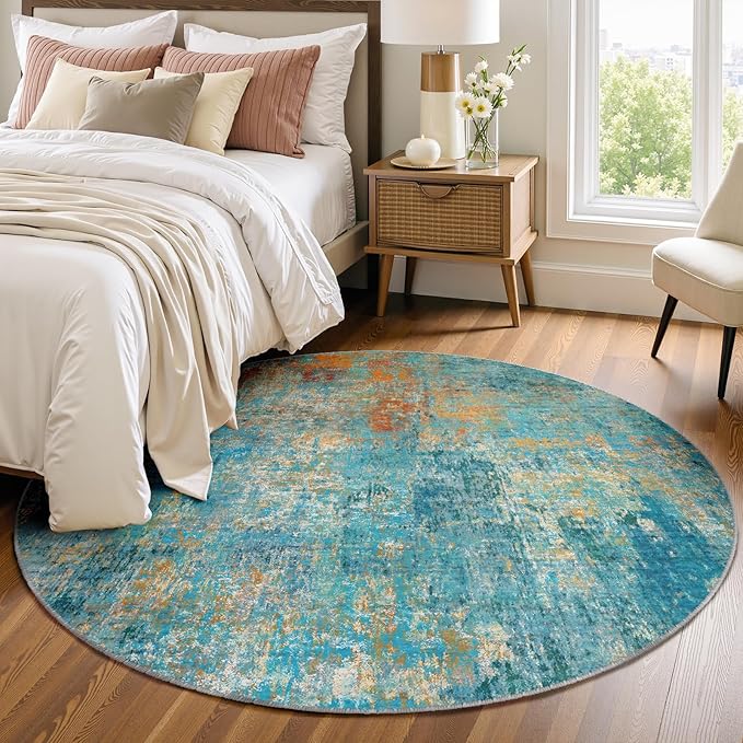 Washable Area Rugs 6ft Non-Slip Modern Abstract Soft for Living Room Entryway Bedroom Nursery, Print Pattern, Teal Blue Green Orange Rust Red Coloreful