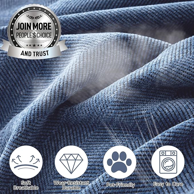 STACYPIK Thick Blue Sofa Covers Couch Covers for Dogs Herringbone Jacquard Couch Covers for 3 Cushion Couch Non-Slip Sectional Covers Protector Loveseat Couch Cover Pet Blanket Cover-71x134IN