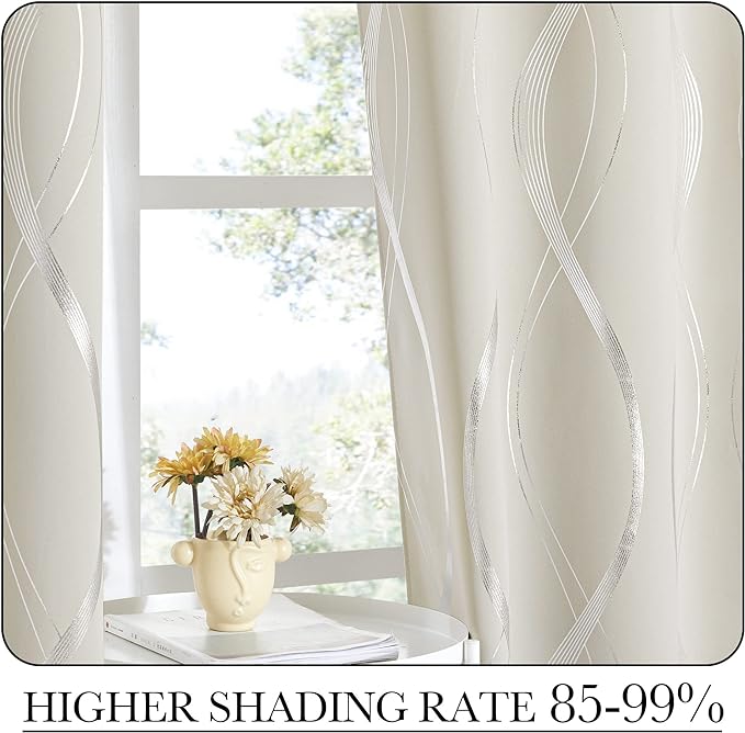 NICETOWN Extra Long Blackout Curtains for Large Window, Beige, 2 Panels, 52 inches by 102 inches, Foil Printed Wave Lines Energy Saving Thermal Insulated Draperies for Kids Nursery Boys Adult Bedroom