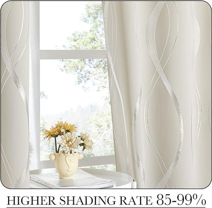 NICETOWN Extra Long Blackout Curtains for Large Window, Beige, 2 Panels, 52 inches by 102 inches, Foil Printed Wave Lines Energy Saving Thermal Insulated Draperies for Kids Nursery Boys Adult Bedroom