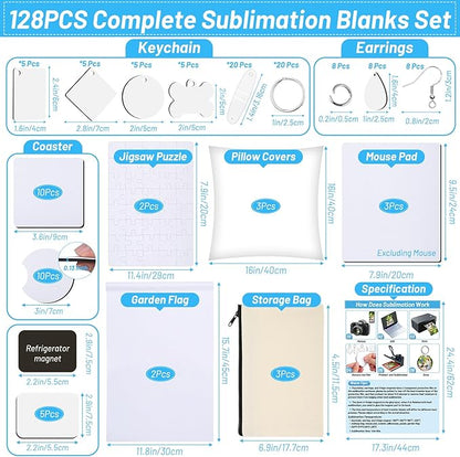 Modacraft 128-Piece Sublimation Blanks Kit - Premium DIY Bundle for Home Decor | Craft Supplies for Cricut, Birthday Gifts, Halloween, Thanksgiving, Christmas Customization (White)