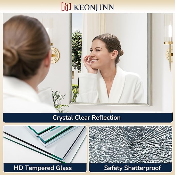 Keonjinn 36 x 36 Inch Brushed Nickel Bathroom Mirrors for Over Sink, Beveled Rectangle Framed Mirror for Wall, Farmhouse Bathroom Vanity Mirror, Square Corner, Tempered Glass
