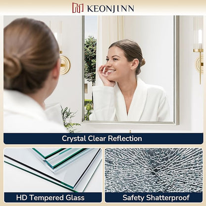 Keonjinn 36 x 36 Inch Brushed Nickel Bathroom Mirrors for Over Sink, Beveled Rectangle Framed Mirror for Wall, Farmhouse Bathroom Vanity Mirror, Square Corner, Tempered Glass