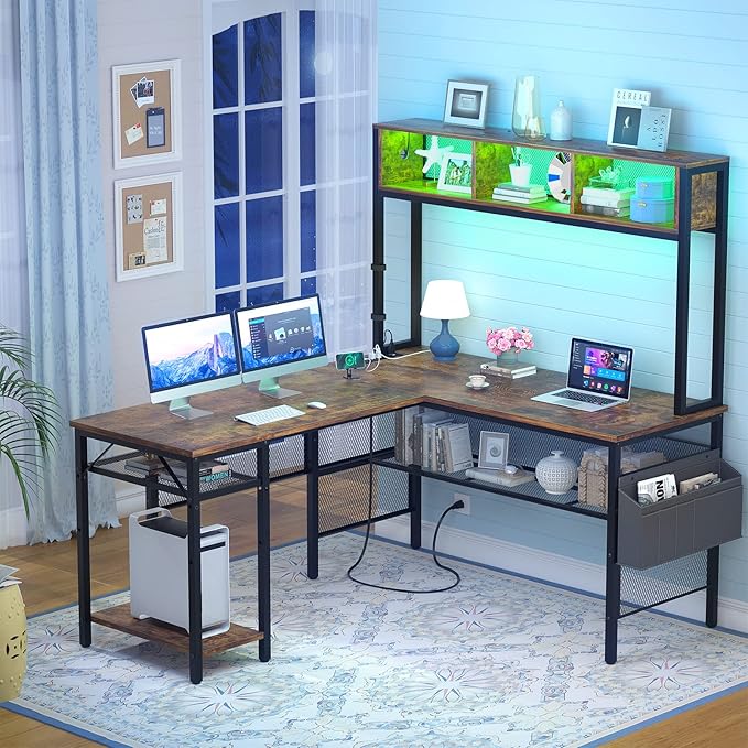 Unikito L Shaped Computer Desk with LED Strip and Power Outlets, Reversible L-Shaped Corner Desk with Storage Shelves and Bag, Rustic Brown