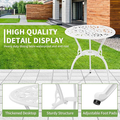 Patio Bistro Set 3 Piece Cast Aluminum Outdoor Bistro Set, Rust Resistance Bistro Table and Chairs of 2 with Umbrella Hole, Small Patio Set for Garden Outside, White