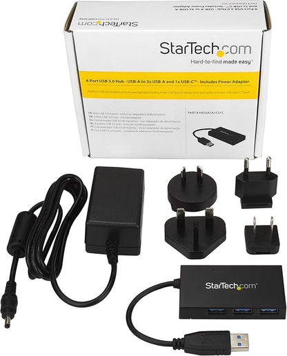 StarTech.com 4 Port USB 3.0 Hub - USB Type-A Hub with 1x USB-C & 3x USB-A (SuperSpeed) - USB Bus or Self-Powered - Portable USB 3.0 (5Gbps) BC 1.2 Charging Hub w/ Power Adapter , TAA (HB30A3A1CSFS)