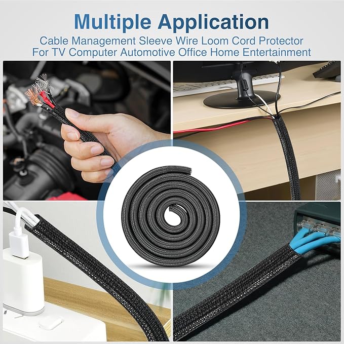 Nilight Cable Sleeve, 10ft-1/2inch Cord Management Sleeves, Braided Sleeving, Split Self Wrapping Wire Loom for Computer Electrical Automotive Harness Protector Organizer, Black