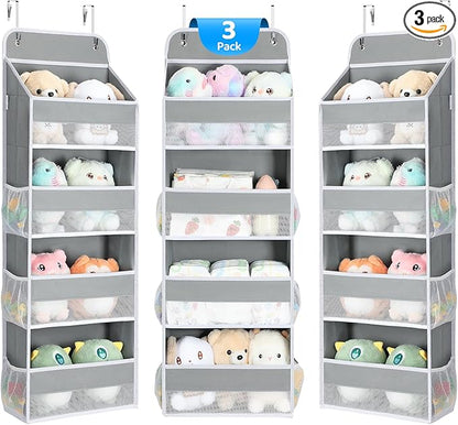 Yecaye 3 Pack Over the Door Organizer, 35.2lbs Load Toy Stuffed Animal Storage, Swing-proof Hanging Bathroom Organizers and Storage for Nursery Newborn Baby Essential Stuff Dorm Room Essentials Grey