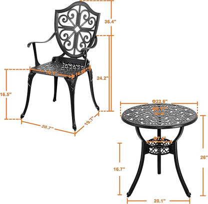 NUU GARDEN 3 Piece Outdoor Bistro Set All Weather Cast Aluminum Patio Set Bistro Table Set Rustproof Patio Table and Chairs with Umbrella Hole for Backyard, Balcony, Front Porch, Black