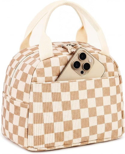 LEDAOU Insulated Lunch Bag women Corduroy Small Lunch Box for Women with Front Pocket Leakproof Cooler Checkered Cute Adult Gilrs Lunch Box for Work School Picnic