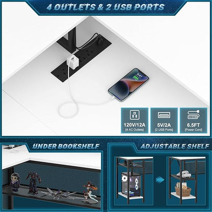 Unikito L Shaped Computer Desk with LED Strip and Power Outlets, Reversible Corner Desk with Monitor Stand and Storage Shelf, Modern Gaming Home Office Table with USB Ports, White